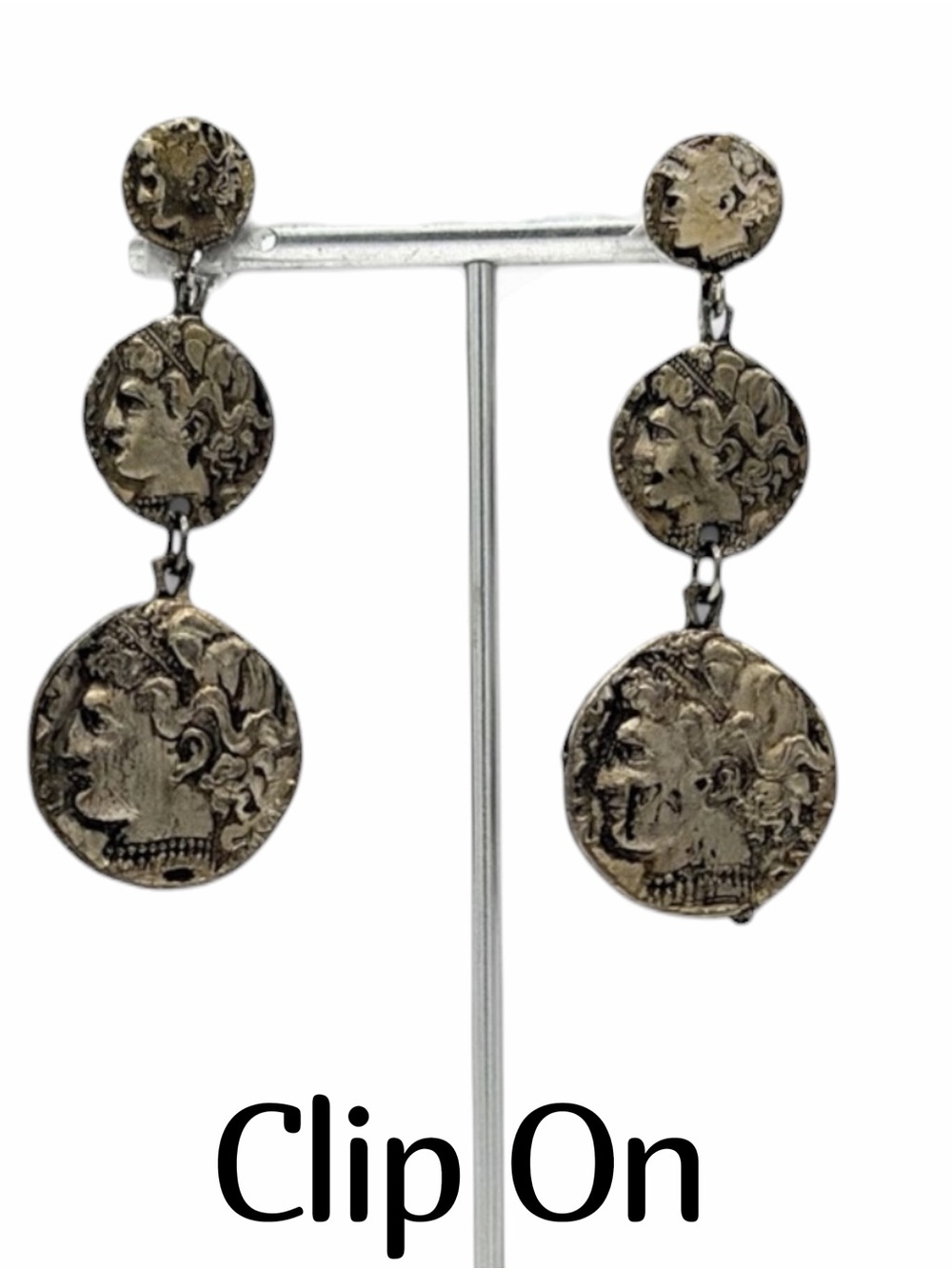 Vintage Sterling Silver Clip-On Earrings Coin Charms Greek Nymph Arethusa Roman
